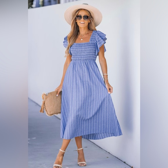Cupshe Dresses Nwt Cupshe Pinstriped Smocked Maxi Dress Blue And White Size Xl Poshmark